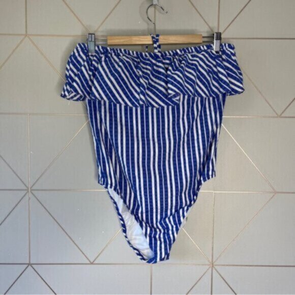 J. Crew Ruffle Bandeau One-Piece Swimsuit Puckered Stripe - Picture 2 of 9